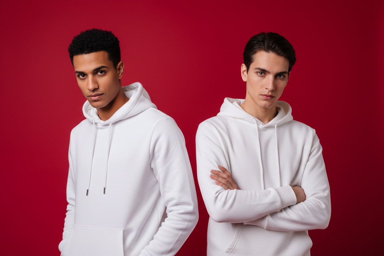 Two male Egyptian Gen Z Social Class A wearing white hoodies with a red background posing like models and look different from each other. Leave a blank space on top that their images start from center of image